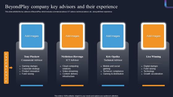 Beyondplay Investment Pitch Deck Beyondplay Company Key Advisors And Their Experience Summary PDF Beyondplay Investment Pitch Deck Beyondplay Company Key Advisors And Their Experience Summary PDF
