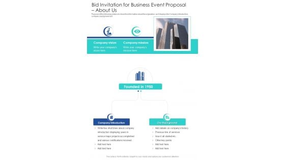 Bid Invitation For Business Event Proposal About Us One Pager Sample Example Document