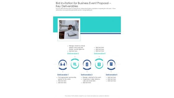 Bid Invitation For Business Event Proposal Key Deliverables One Pager Sample Example Document Bid Invitation For Business Event Proposal Key Deliverables One Pager Sample Example Document