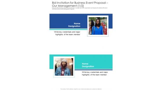 Bid Invitation For Business Event Proposal Our Management One Pager Sample Example Document Bid Invitation For Business Event Proposal Our Management One Pager Sample Example Document