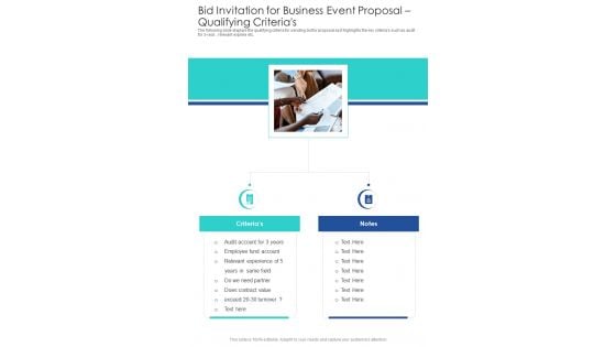 Bid Invitation For Business Event Proposal Qualifying Criterias One Pager Sample Example Document