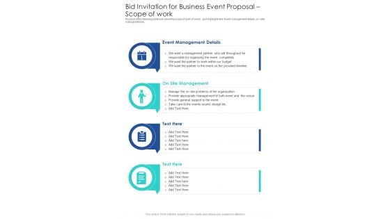 Bid Invitation For Business Event Proposal Scope Of Work One Pager Sample Example Document