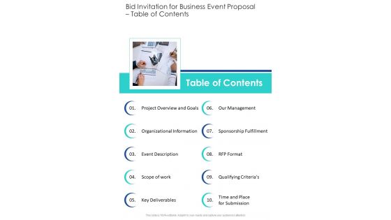 Bid Invitation For Business Event Proposal Table Of Contents One Pager Sample Example Document