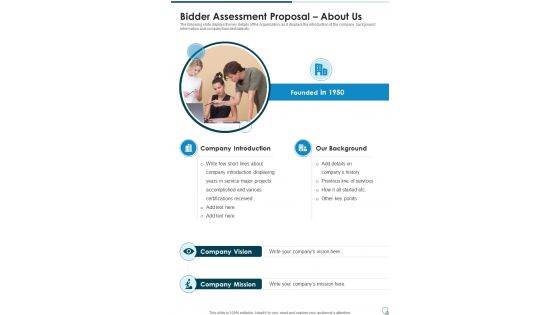 Bidder Assessment Proposal About Us One Pager Sample Example Document