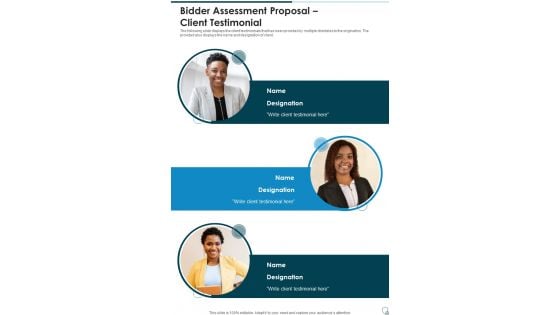 Bidder Assessment Proposal Client Testimonial One Pager Sample Example Document