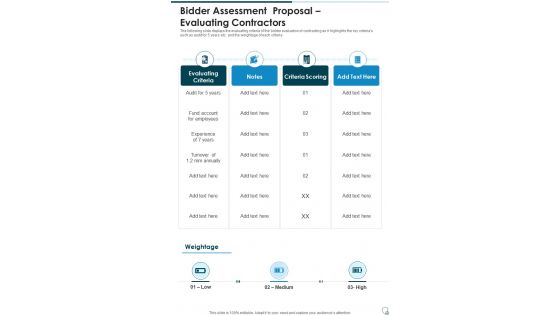 Bidder Assessment Proposal Evaluating Contractors One Pager Sample Example Document