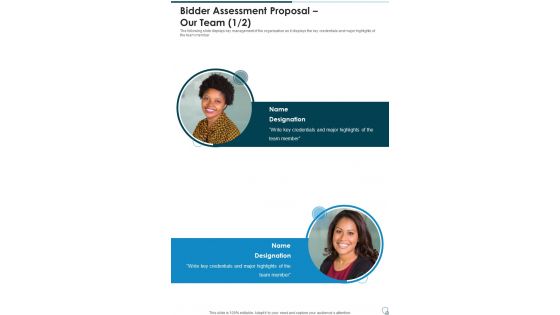 Bidder Assessment Proposal Our Team One Pager Sample Example Document
