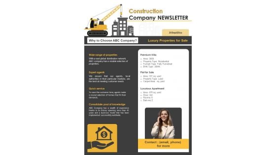 Bifold One Pager Construction Company Newsletter Template