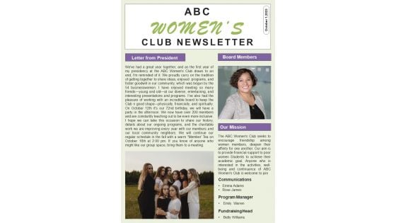 Bifold One Pager For Women Association Newsletter Template