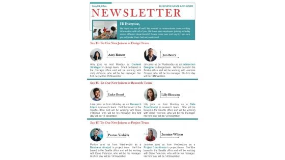 Bifold One Pager New Joinees Newsletter Template