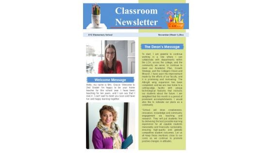 Bifold One Pager School Kids Classroom Newsletter Template