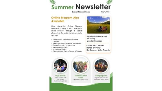 Bifold One Pager Summer Camp Activities Newsletter PDF Document PPT Template