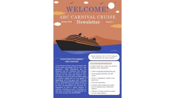 Bifold One Pager Upcoming Carnival Cruise Liner Newsletter PDF Document PPT Template