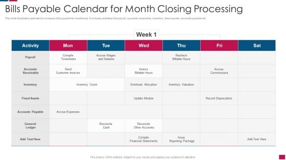 Bills Payable Calendar For Month Closing Processing Icons PDF