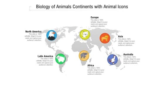 Biology Of Animals Continents With Animal Icons Ppt PowerPoint Presentation File Pictures PDF