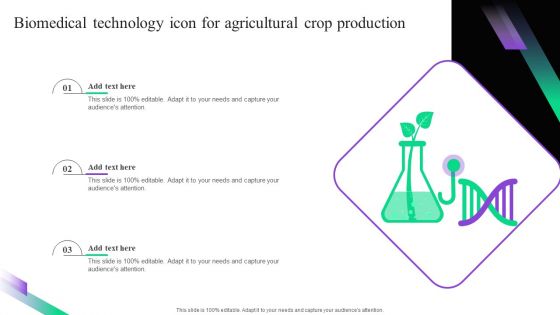 Biomedical Technology Icon For Agricultural Crop Production Slides PDF