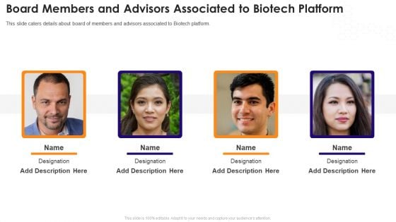 Biotechnology Startup Funding Elevator Pitch Deck Board Members And Advisors Associated To Biotech Platform Demonstration PDF
