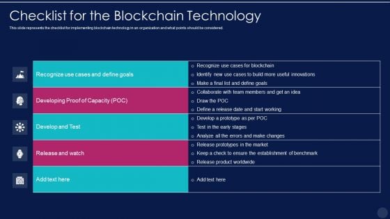 Blockchain Technology Framework IT Checklist For The Blockchain Technology Ideas PDF