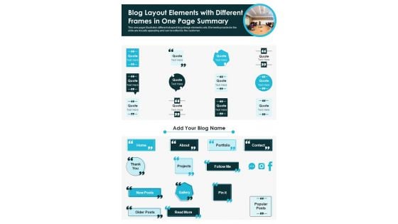 Blog Layout Elements With Different Frames In One Page Summary PDF Document PPT Template