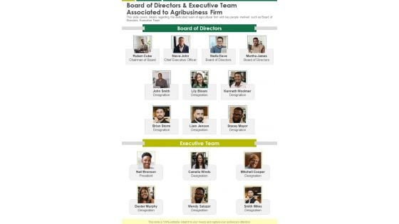 Board Of Directors And Executive Team Associated To Agribusiness Firm One Pager Documents Board Of Directors And Executive Team Associated To Agribusiness Firm One Pager Documents
