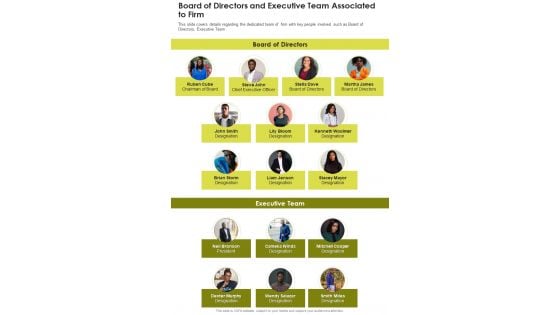 Board Of Directors And Executive Team Associated To Firm One Pager Documents Board Of Directors And Executive Team Associated To Firm One Pager Documents