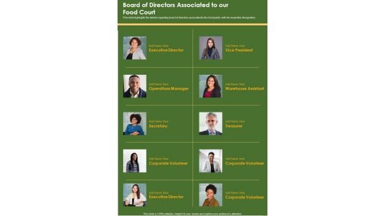 Board Of Directors Associated To Our Food Court One Pager Documents