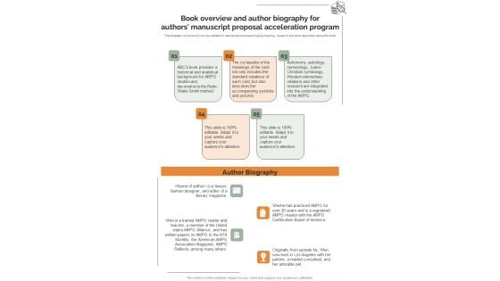 Book Overview And Author Biography For Authors Manuscript Proposal Acceleration Program One Pager Sample Example Document