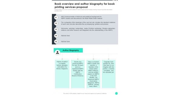 Book Overview And Author Biography For Book Printing Services Proposal One Pager Sample Example Document
