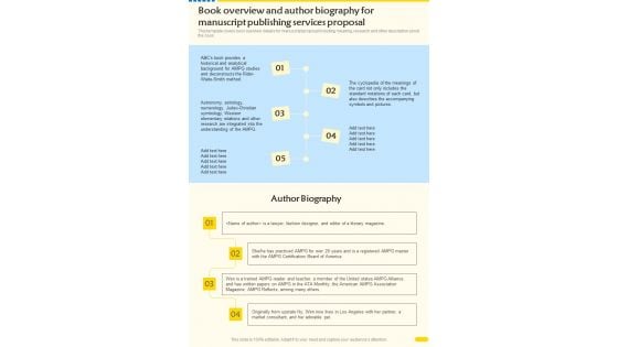 Book Overview And Author Biography For Manuscript Publishing Services One Pager Sample Example Document Book Overview And Author Biography For Manuscript Publishing Services One Pager Sample Example Document