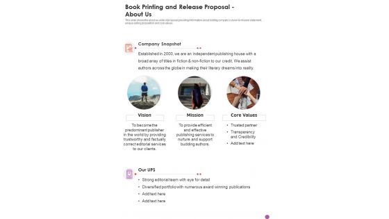 Book Printing And Release Proposal About Us One Pager Sample Example Document