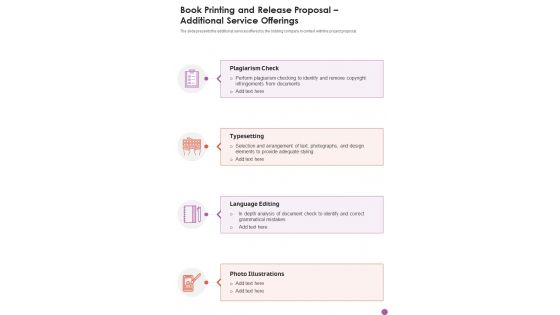 Book Printing And Release Proposal Additional Service Offerings One Pager Sample Example Document