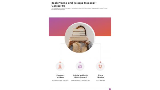 Book Printing And Release Proposal Contact Us One Pager Sample Example Document Book Printing And Release Proposal Contact Us One Pager Sample Example Document