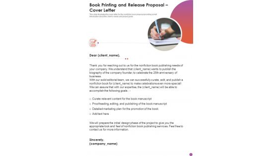 Book Printing And Release Proposal Cover Letter One Pager Sample Example Document