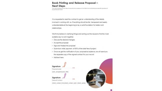 Book Printing And Release Proposal Next Steps One Pager Sample Example Document