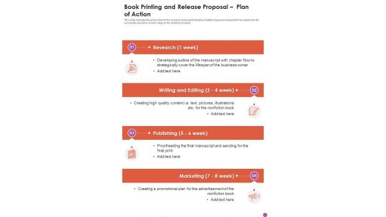 Book Printing And Release Proposal Plan Of Action One Pager Sample Example Document