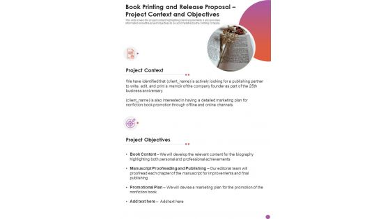 Book Printing And Release Proposal Project Context And Objectives One Pager Sample Example Document