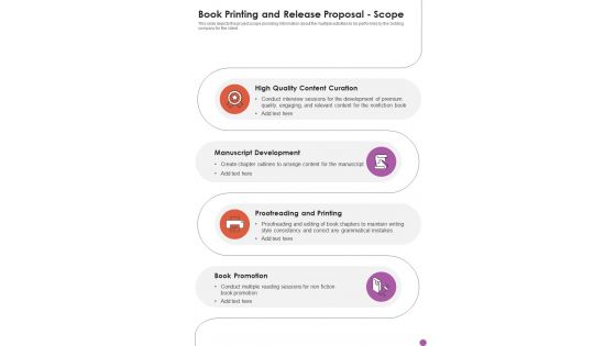 Book Printing And Release Proposal Scope One Pager Sample Example Document Book Printing And Release Proposal Scope One Pager Sample Example Document