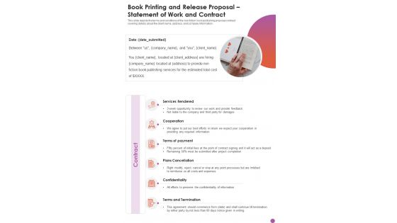 Book Printing And Release Proposal Statement Of Work And Contract One Pager Sample Example Document Book Printing And Release Proposal Statement Of Work And Contract One Pager Sample Example Document
