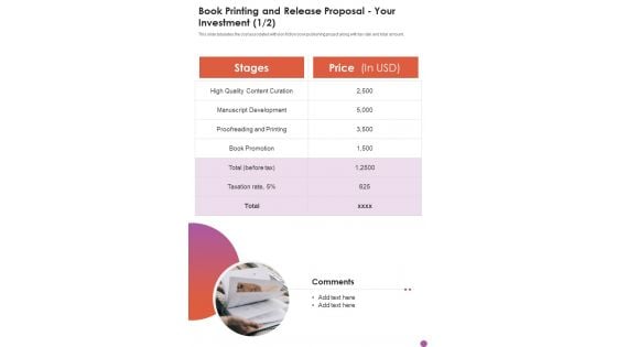 Book Printing And Release Proposal Your Investment One Pager Sample Example Document