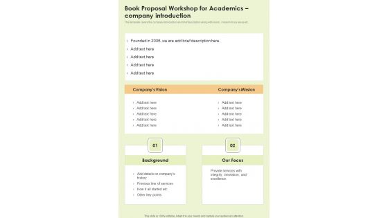 Book Proposal Workshop For Academics Company Introduction One Pager Sample Example Document