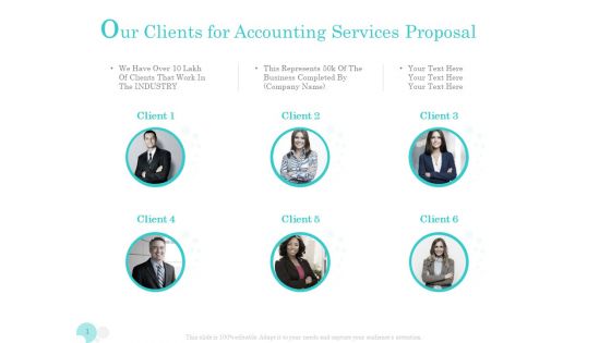 Bookkeeping Our Clients For Accounting Services Proposal Ppt PowerPoint Presentation Infographic Template Graphics PDF