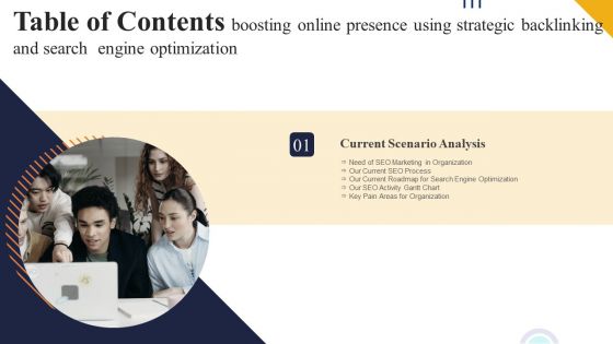 Boosting Online Presence Using Strategic Backlinking And Search Engine Optimization Table Of Contents Formats PDF