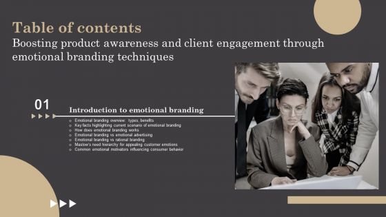 Boosting Product Awareness And Client Engagement Through Emotional Branding Techniques Table Of Contents Mockup PDF