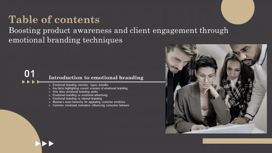 Boosting Product Awareness And Client Engagement Through Emotional Branding Techniques Table Of Contents Mockup PDF Boosting Product Awareness And Client Engagement Through Emotional Branding Techniques Table Of Contents Mockup PDF