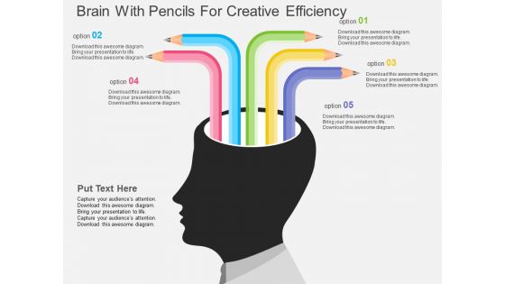 Brain With Pencils For Creative Efficiency Powerpoint Template