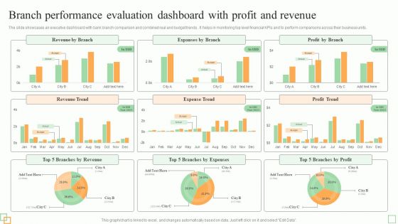 Branch Performance Evaluation Dashboard With Profit And Revenue Diagrams PDF