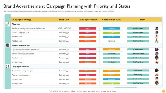 Brand Advertisement Campaign Planning With Priority And Status Professional PDF