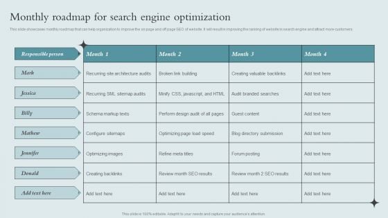 Brand Awareness Strategy Monthly Roadmap For Search Engine Optimization Graphics PDF