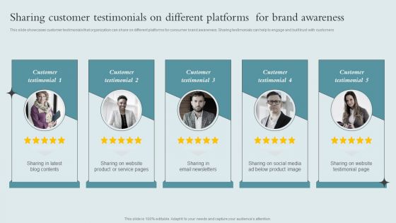 Brand Awareness Strategy Sharing Customer Testimonials On Different Platforms Icons PDF