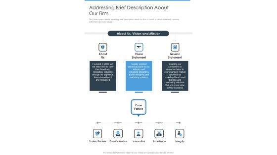 Brand Building And Promotion Addressing Brief Description One Pager Sample Example Document